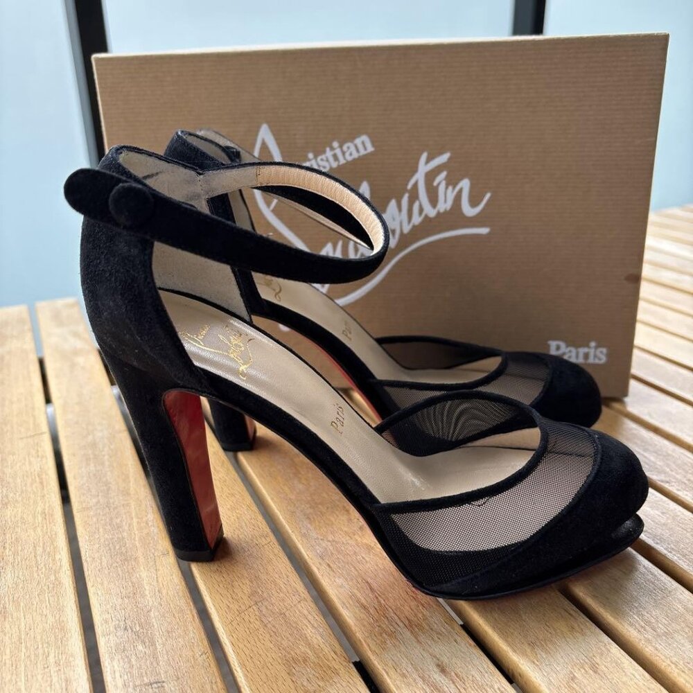 Christian Louboutin Suede Mesh Open-Toe Pumps - Picture 3 of 11